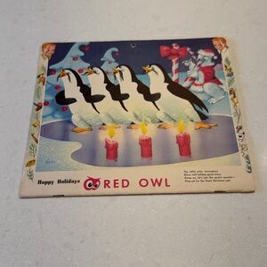 Red Owl 1960 Calendar happy Holiday  with Penguins vintage so cute.